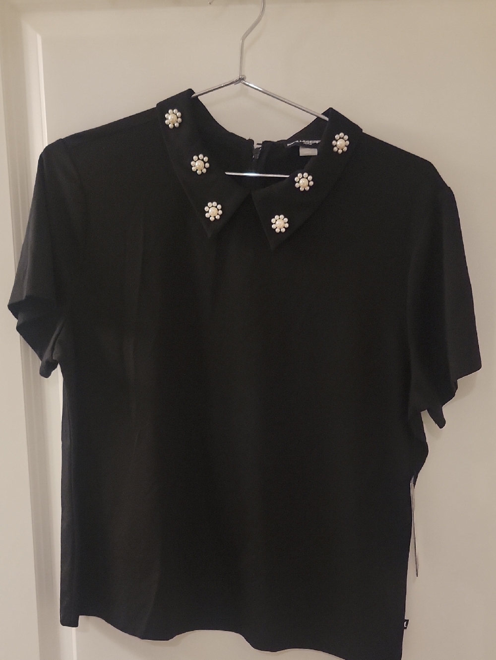 Embellished Collar Short-Sleeve Top - Black